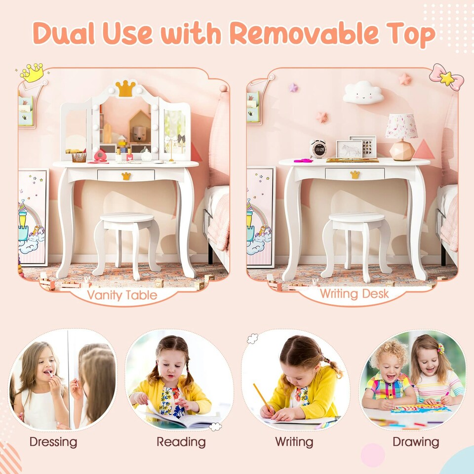 image 1 of COSTWAY Kids Vanity Princess Vanity Table & Chair Set White