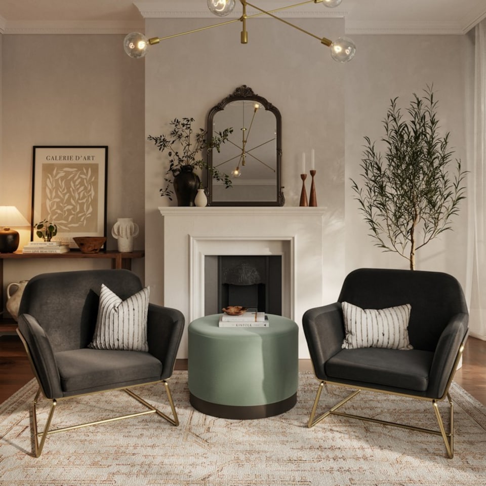 image 1 of Lara Large Pouffe - Velvet/Metal - L60.5 x W60.5 x H35.5 cm - Sage/Black Matte