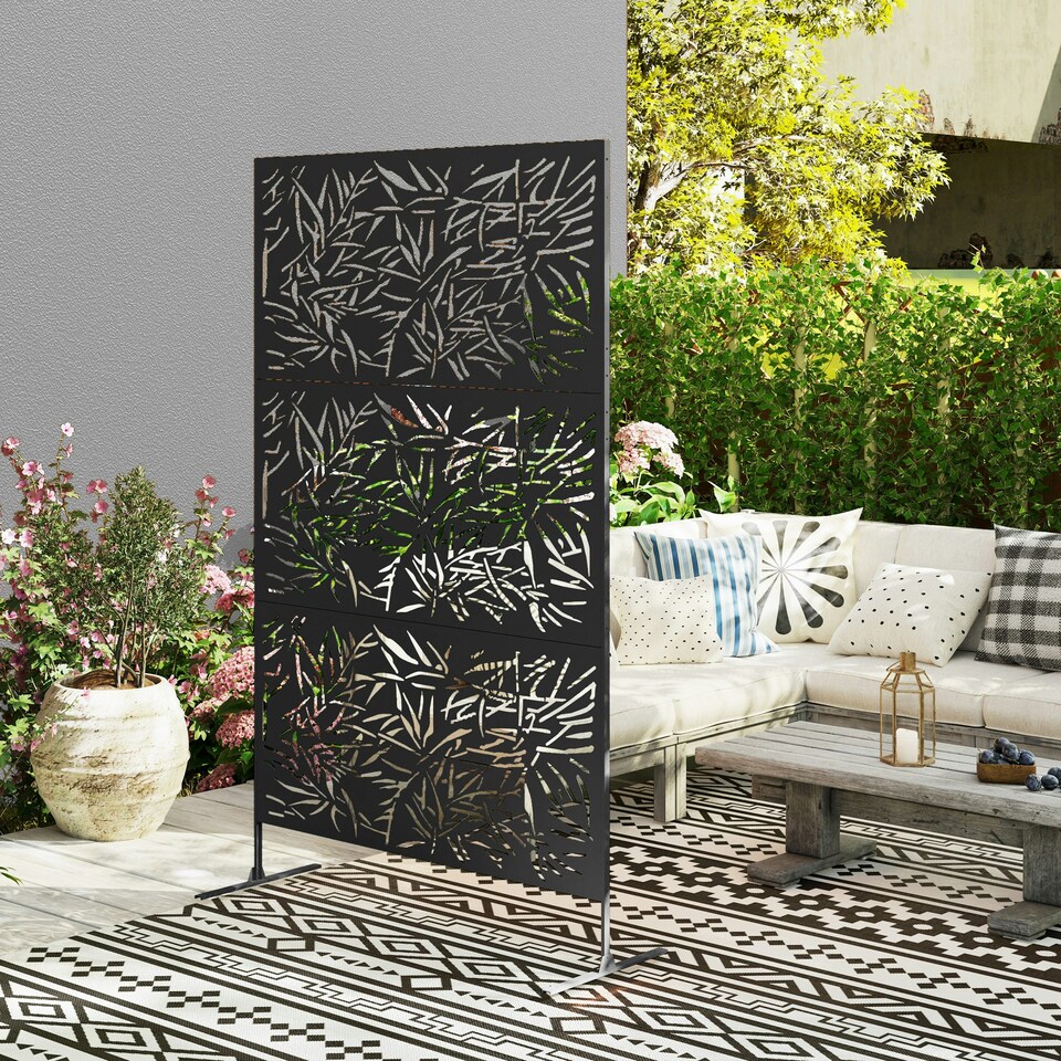 image 1 of Outsunny Decorative Outdoor Divider Privacy Panel with Stand, Bamboo Black