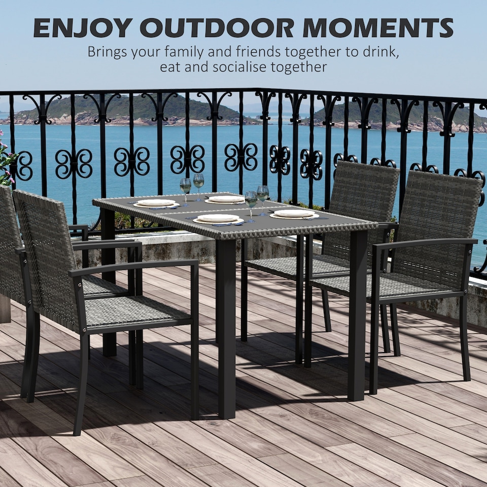 image 1 of Outsunny 4 Seater Rattan Dining Set with Rectangular Glass Top Table and 4 Armchairs, PE Rattan Garden Furniture Set, Outdoor Dining Table and Chairs for Patio, Balcony, Terrace, Grey