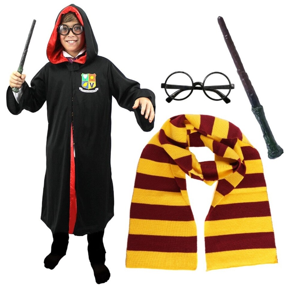 image 1 of Wizard Costume - Robe, Scarf, Glasses & Wand Black | S