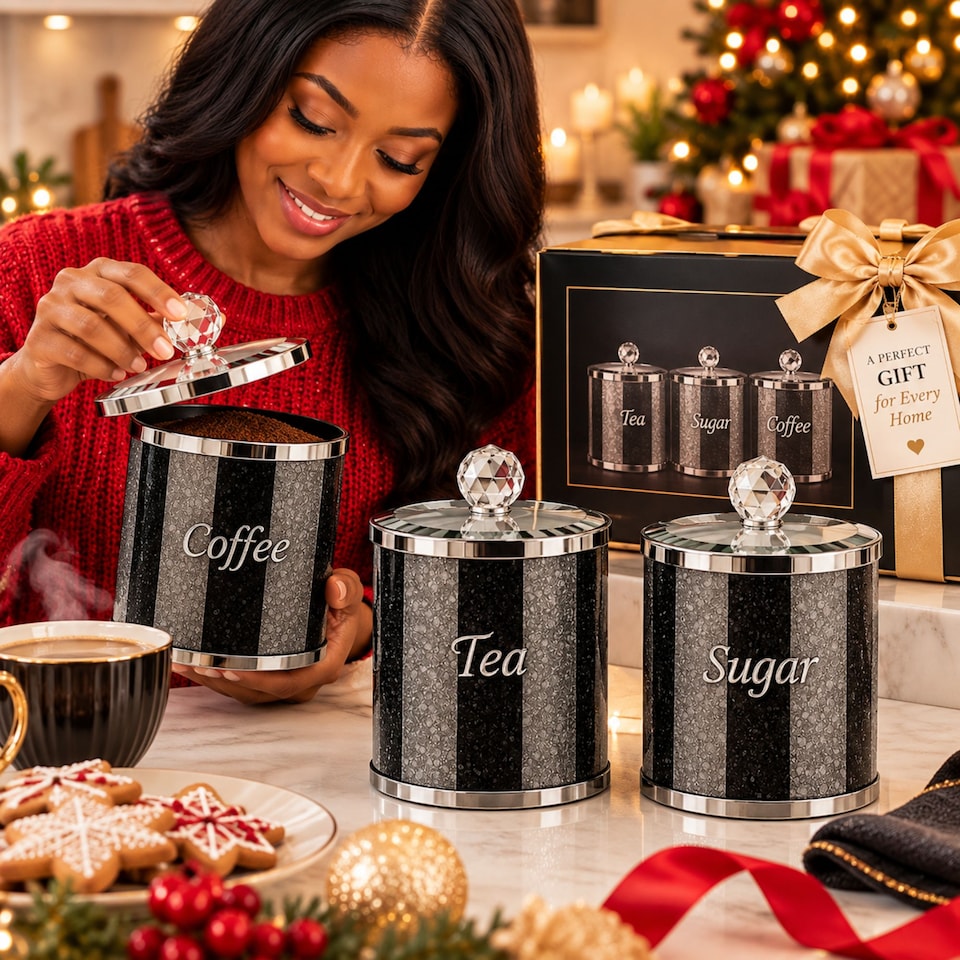 image 1 of Luxury Crystal Tea, Coffee And Sugar Canister Set - Black | Black