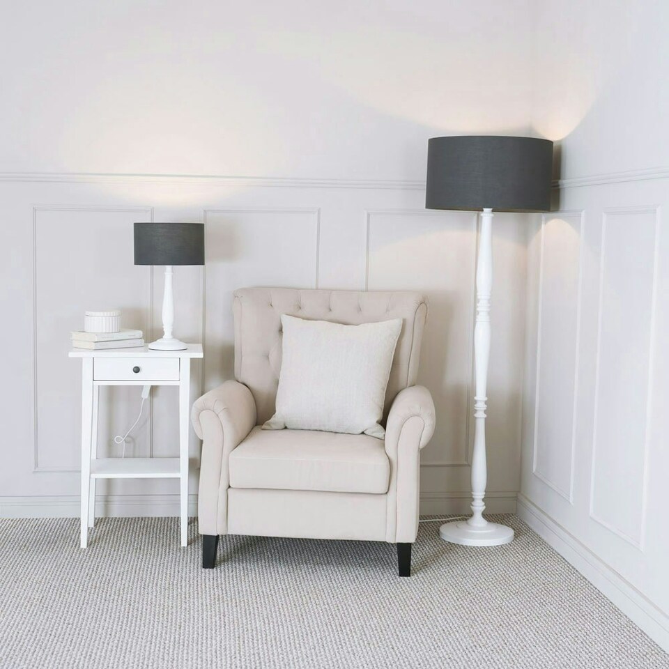 image 1 of ValueLights Victoria White Wood Traditional Stem Table Lamp with Charcoal Fabric Drum Shade