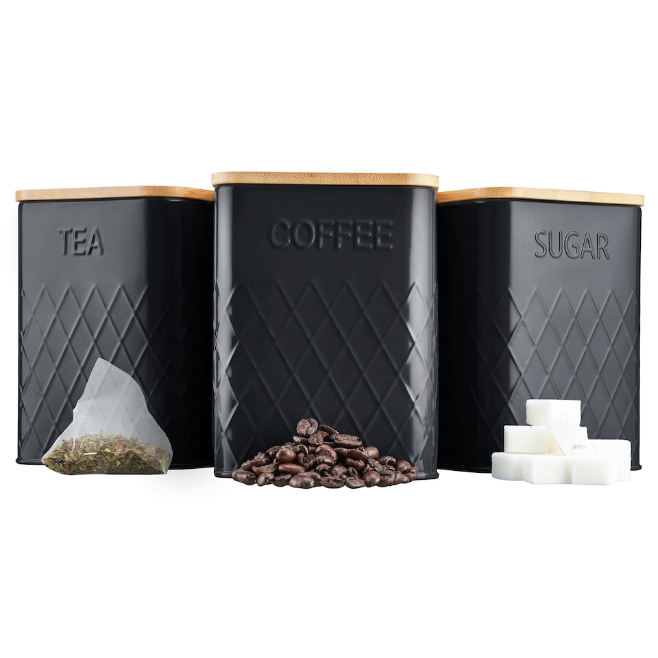 image 1 of Cooks Professional Kitchen Storage Set | 3-Piece Square with Bamboo Lids | Tea Coffee Sugar | Black