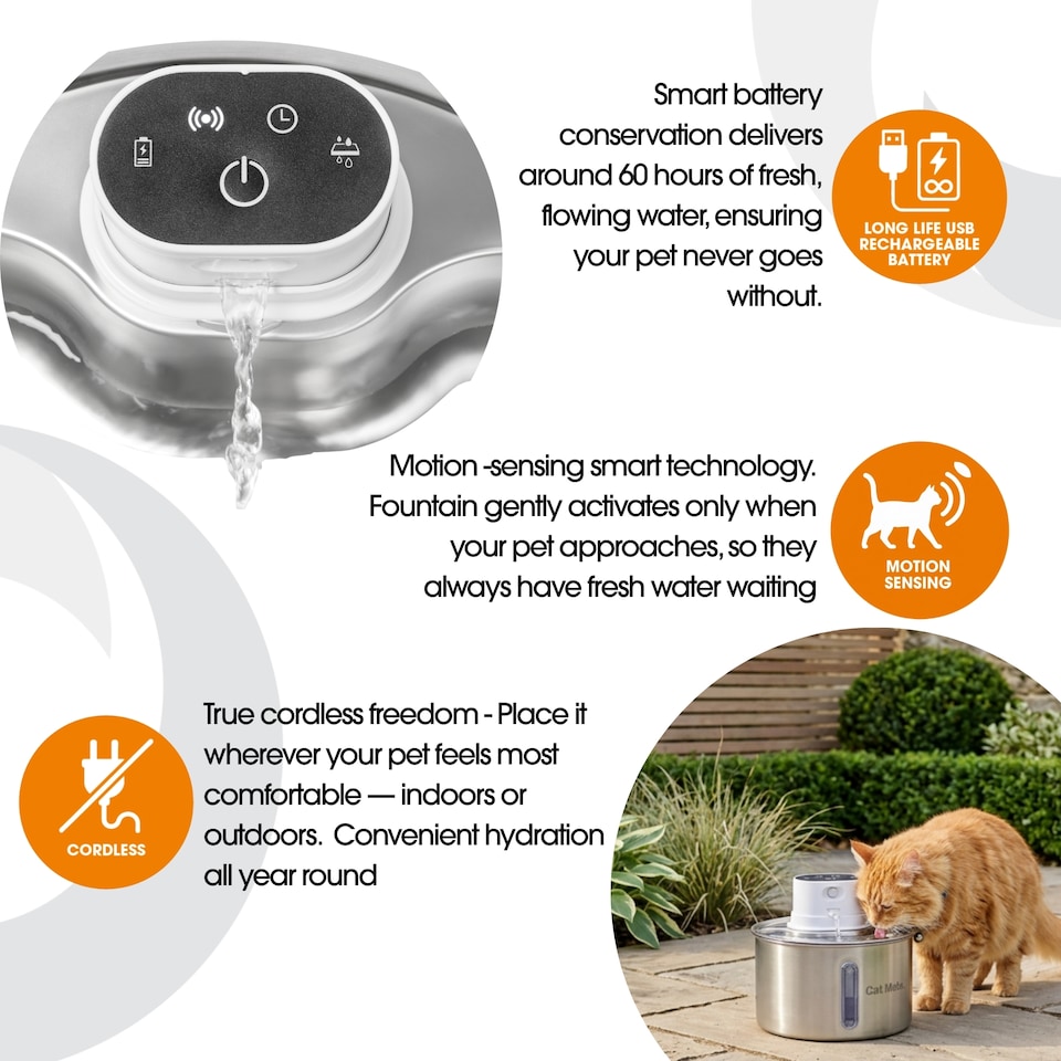 image 1 of Cat Mate 2.2 Litre Stainless Steel Cordless Cat Water Fountain | Silver