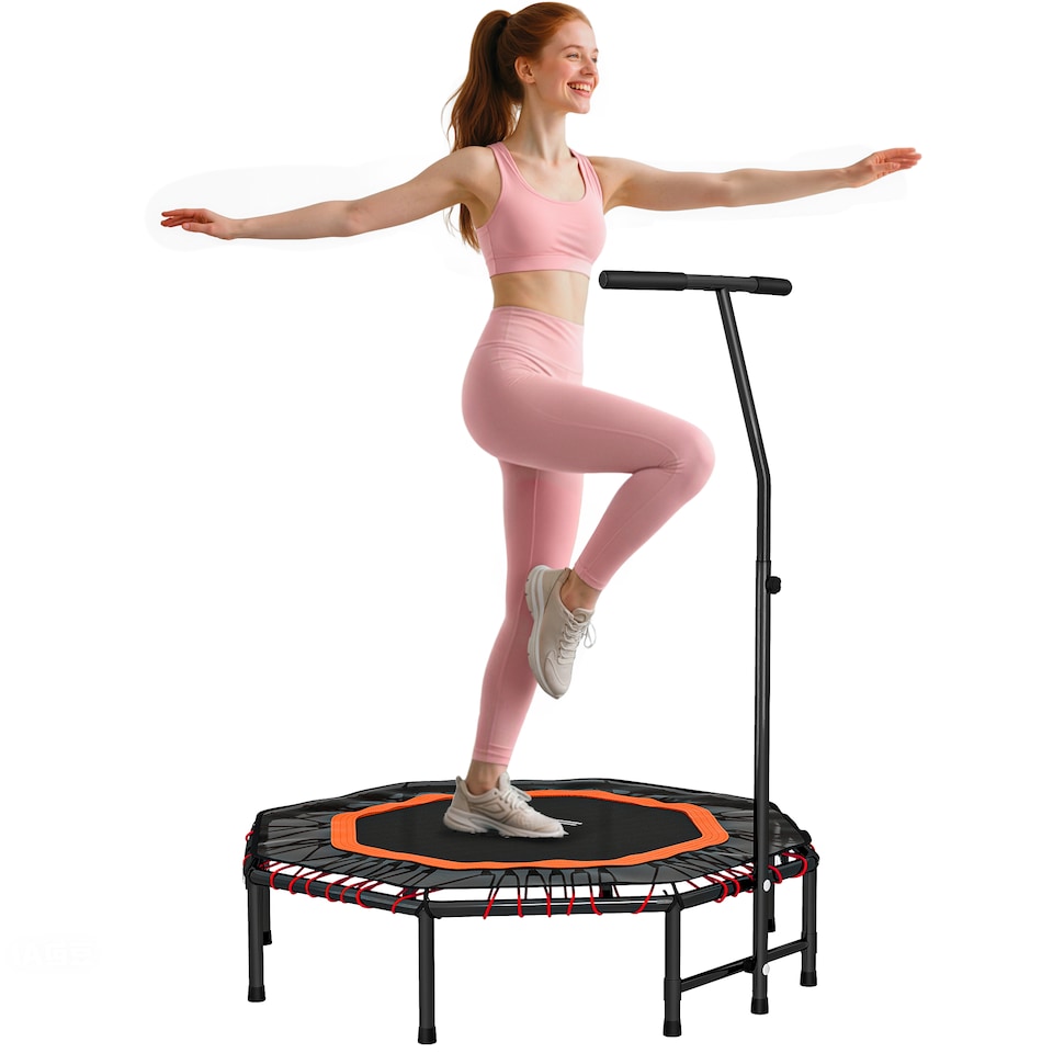 image 1 of HOMCOM 48" Octagonal Mini Fitness Trampoline Rebounder Indoor Outdoor Foldable Mini Jumper with Adjustable Handle, Max Load 150 KG, Orange
