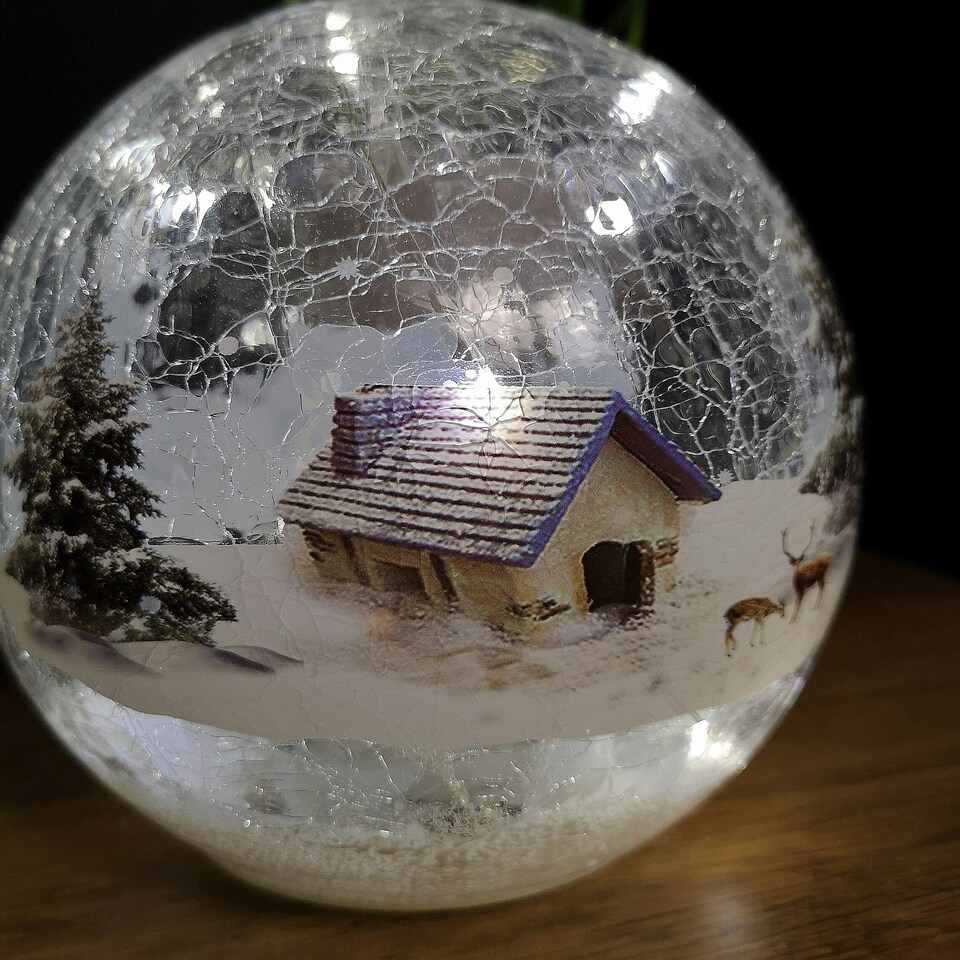 image 1 of 15cm Festive Christmas Crackle Effect Glass Lodge Scene LED Light Ball