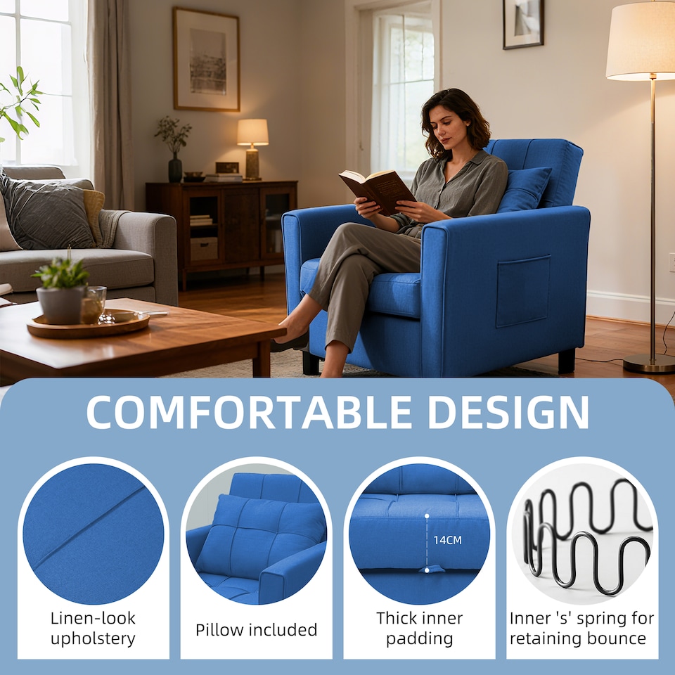 image 1 of Alivio 3 in 1 Convertible Sofa Bed with Adjustable Backrest and Pull Out Sleeper (Blue)