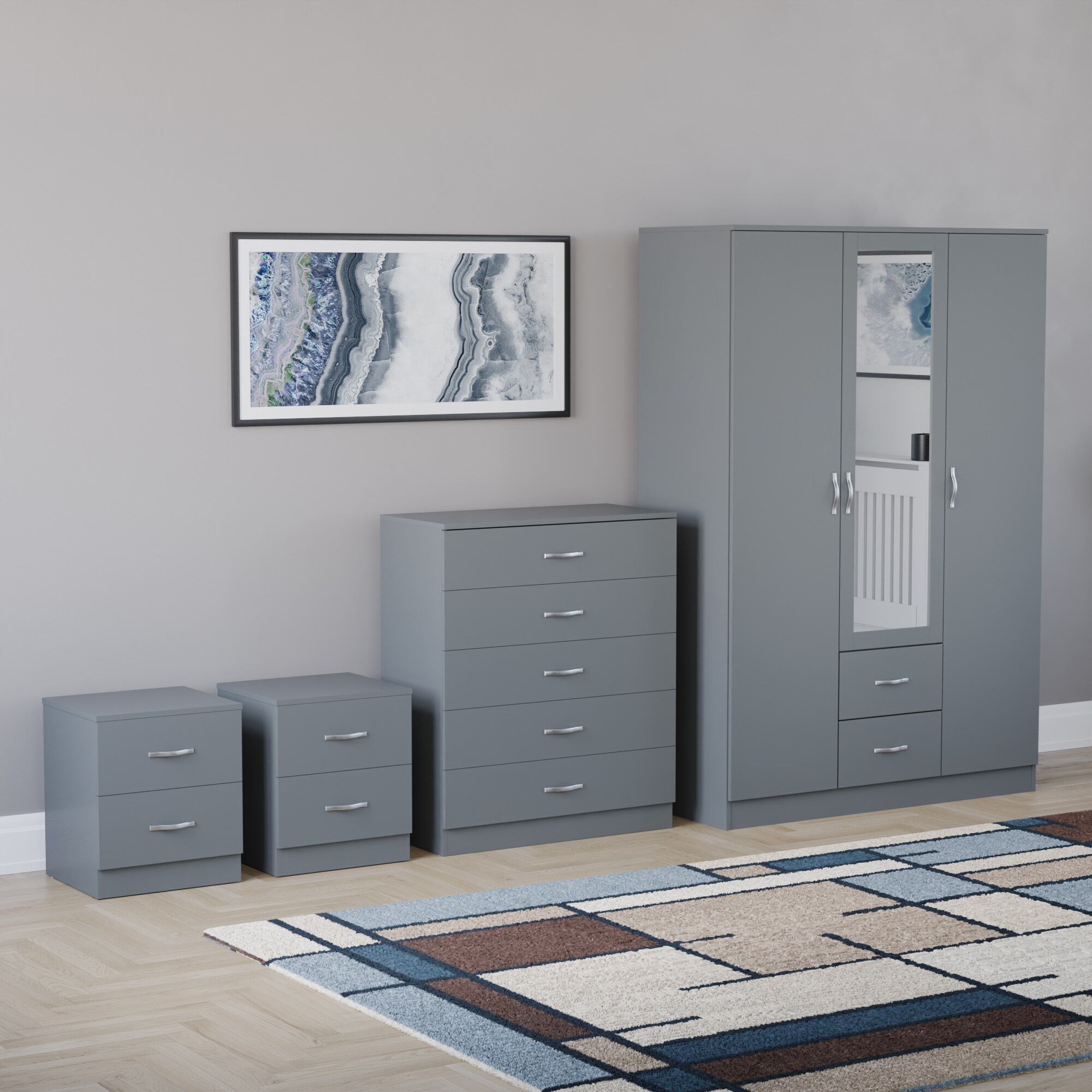 Vida Designs Riano 4 Piece Bedroom Set (2x 2 Drawer Bedside Chest, 5 Drawer Chest, 3 Door 2 Drawer Mirrored Wardrobe) - Grey
