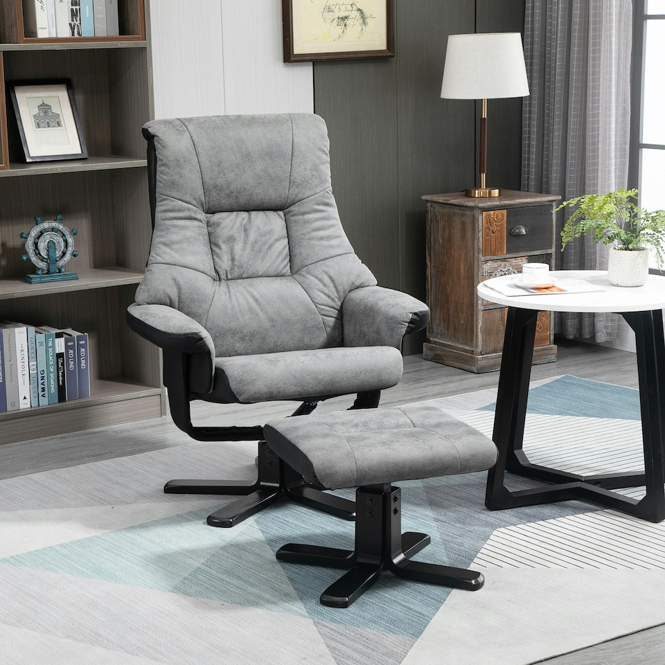 image 1 of HOMCOM Recliner Armchair Footstool Duo Vintage Wood Base Home Micro Fiber Grey