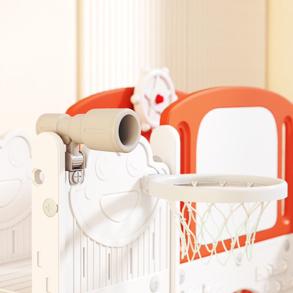 image 1 of AIYAPLAY 7 in 1 Toddler Slide Set, Frog Theme Playset with Basketball Hoop | Orange | Orange & White | 176L x 150W x 94H cm