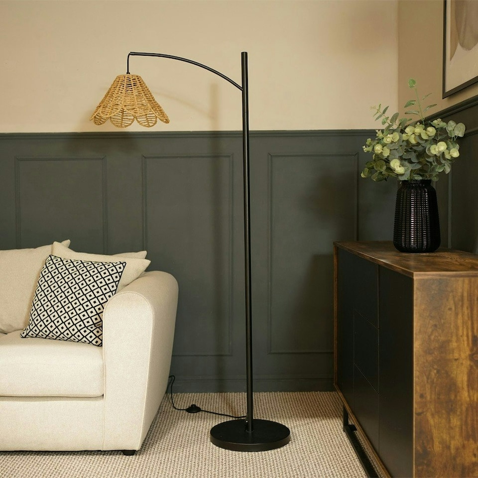 image 1 of ValueLights Preto Black Metal Curve Stem Floor Lamp with a Rattan Wicker Scalloped Edge Shade