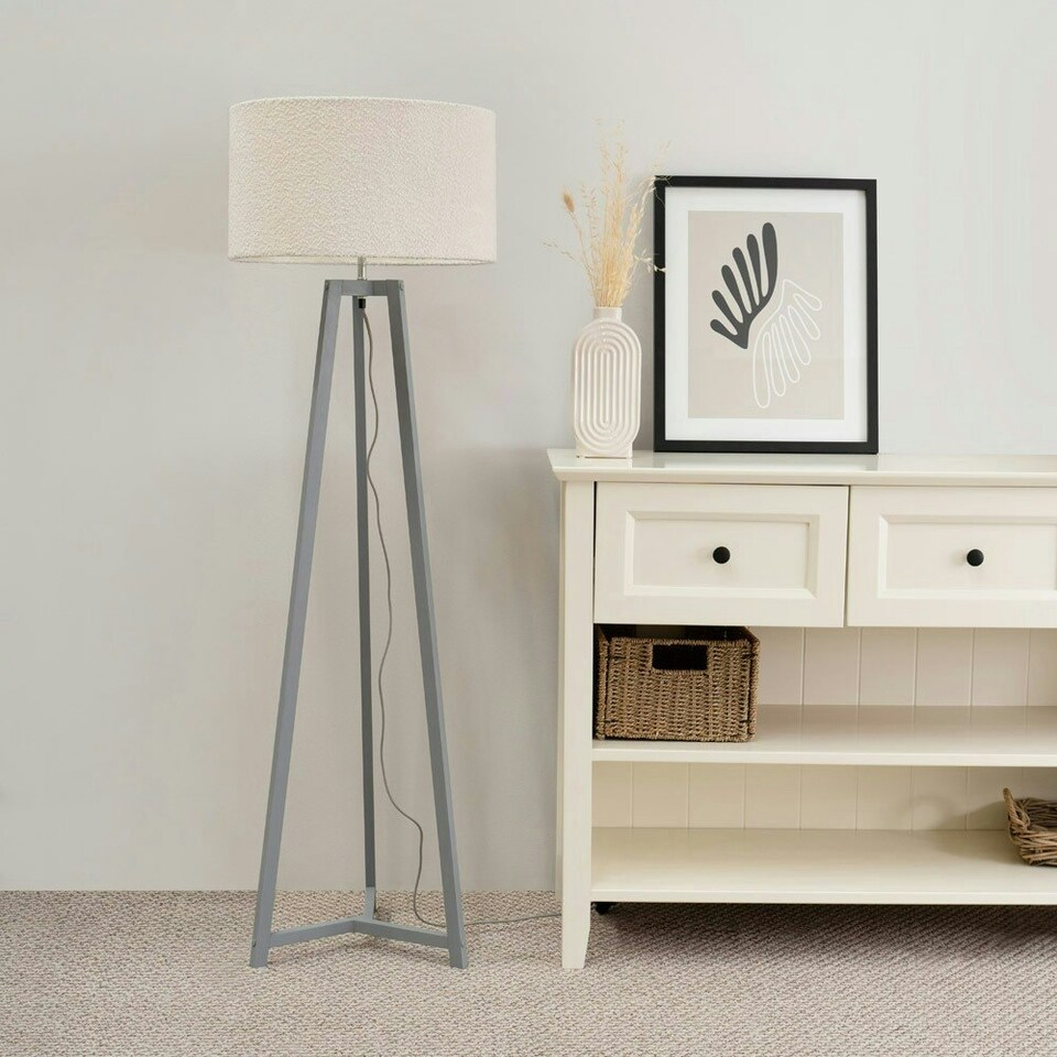 image 1 of ValueLights Lottie Grey Wood Tripod Floor Lamp with Cream Boucle Drum Shade