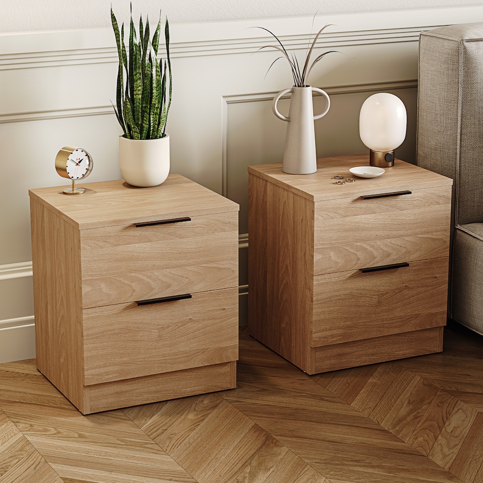 image 1 of Vida Designs Trega 2 Drawer Bedside Chest Bedroom Storage Unit, (H) 41cm x (W) 39cm x (D) 28cm, Pine, Set of 2