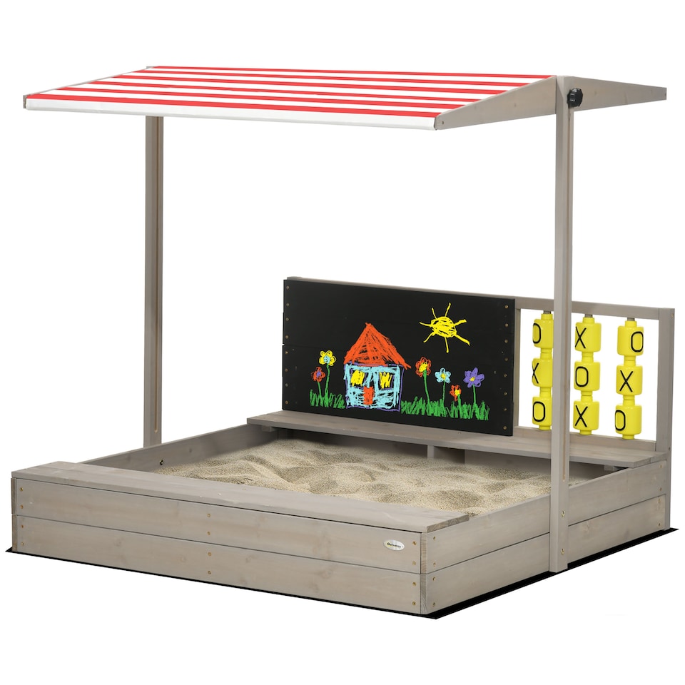 image 1 of Outsunny Kids Wooden Sandpit, Sandbox w Canopy, Seats, for Gardens - Grey