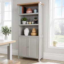 Grey Oak Tall Display Bookcase 3 Shelf 2 Door Storage Cupboard Metal Handles