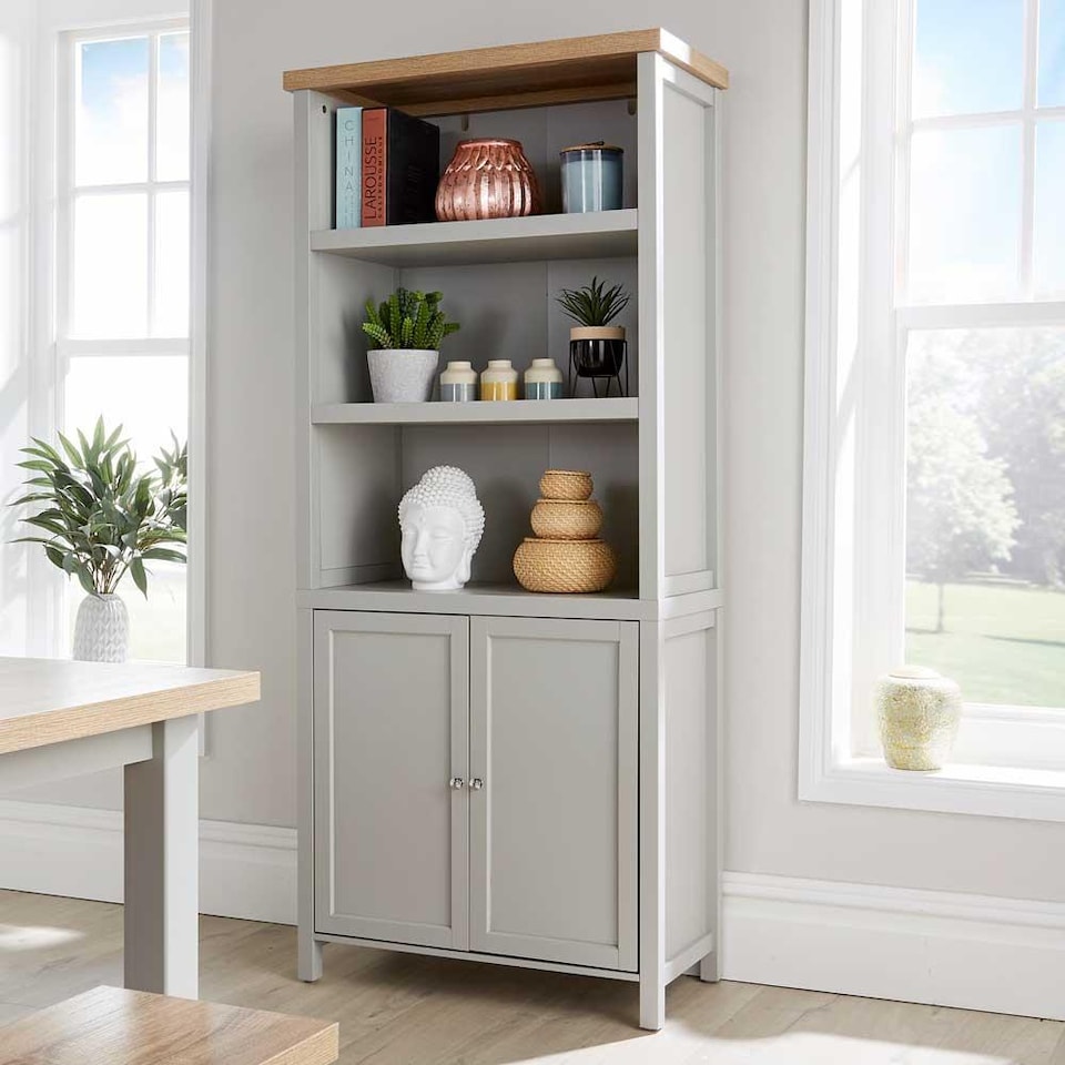 image 1 of Grey Oak Tall Display Bookcase 3 Shelf 2 Door Storage Cupboard Metal Handles