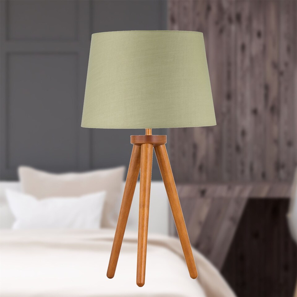 image 1 of Set of 2 Dark Oak Table Lamp or Bedside Lights with Sage Green Shades | Brown | Green | Large | 2