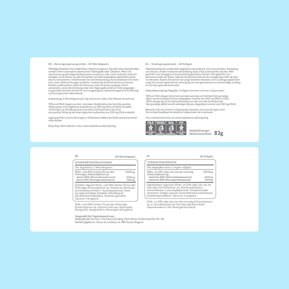 image 1 of Nutravita Vegan High Strength Omega 3 2000mg Soft Gels - Plant-Based 600mg DHA & 300mg EPA Derived from Sustainable Algal Oil - 60 Vegan Softgels