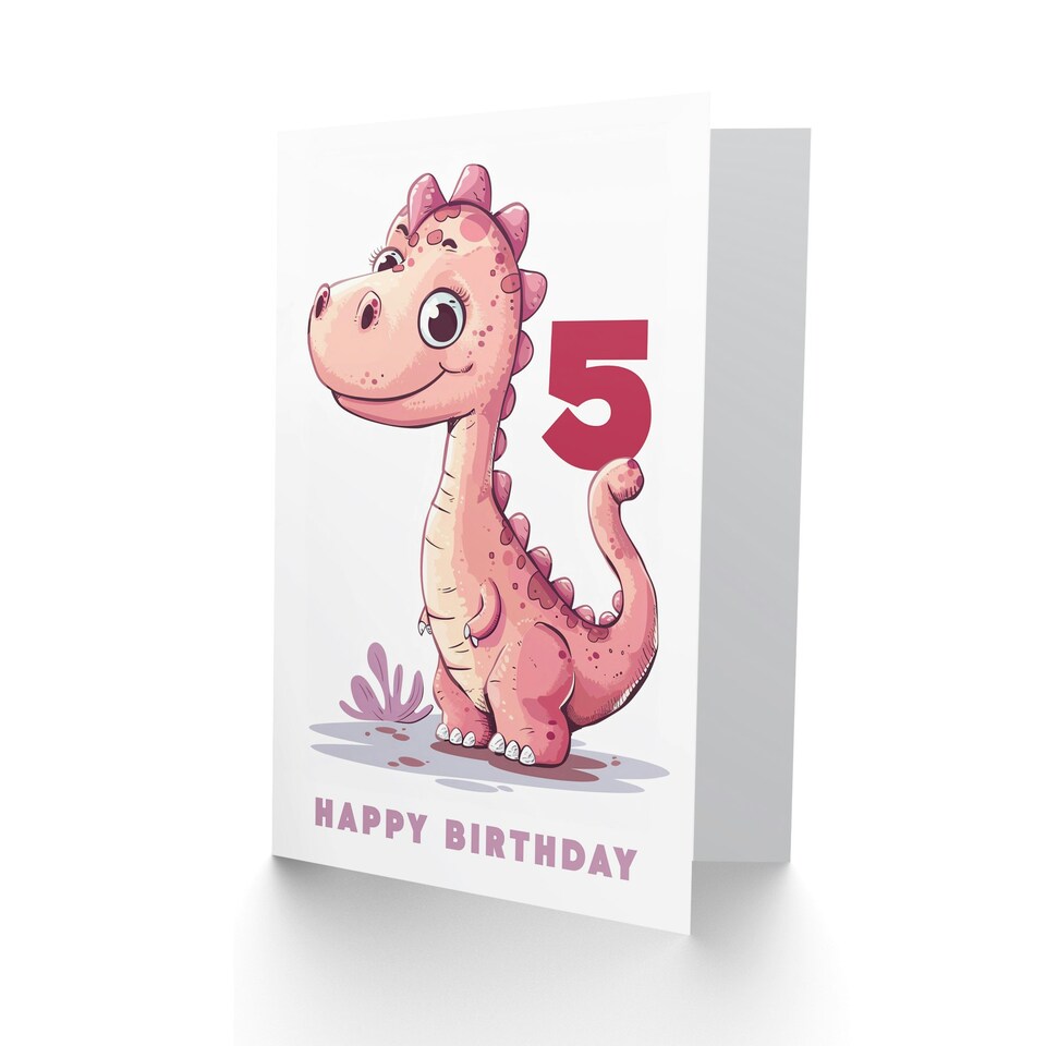 image 1 of Cute Pink Dinosaur Cartoon Age 5 Year Old Child Kids 5th Birthday Card