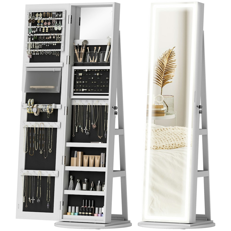 image 1 of HOMCOM 360° Swivel Jewellery Cabinet, Full Length Mirror with Storage, White White | Black interior lining