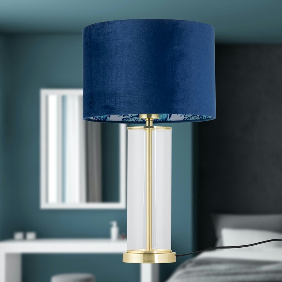 image 1 of Aura - Satin Brass Table Lamp with Navy Velvet Parrot Shade Bronze | Blue