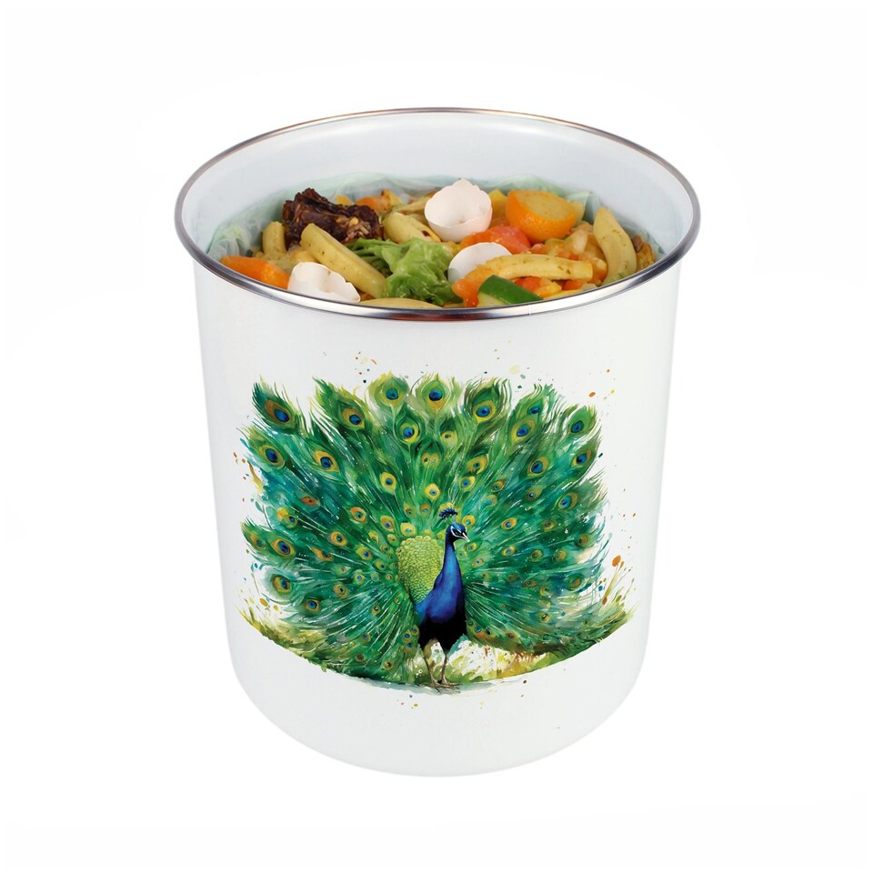 image 1 of Majestic Peacock Food Waste Caddy - Metal 2L Decorative Kitchen Compost Bin