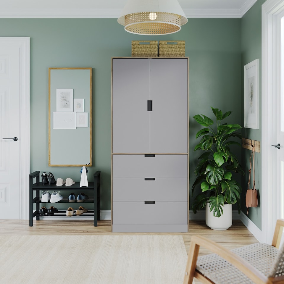 image 1 of 2 Door 3 Drawer Wardrobe with Hanging Rail - Modern Bedroom Storage Furniture | Brown | Oak with Grey Doors | 1