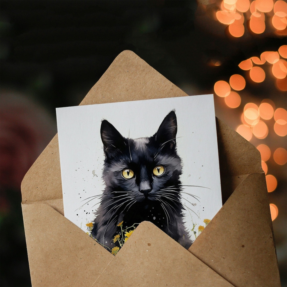 image 1 of Happy Birthday Black Cat with Yellow Daisy Flowers Birthday Card