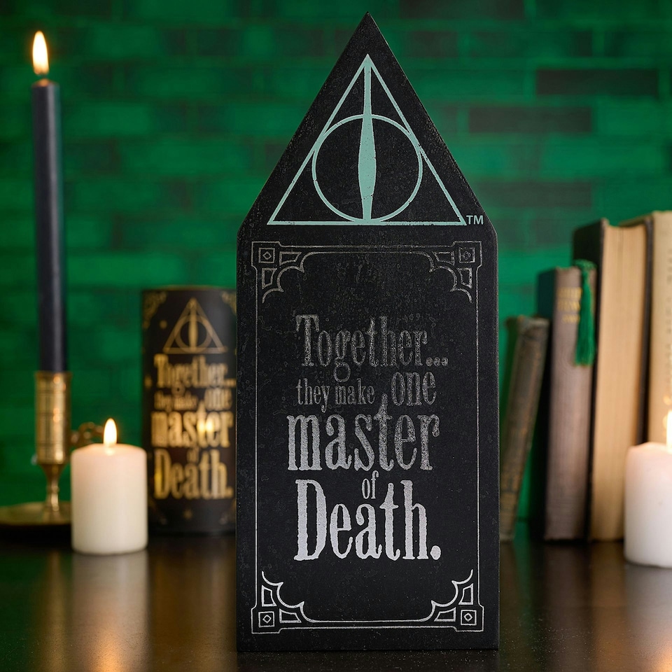 image 1 of Warner Bros Harry Potter Dark Arts Glow In The Dark Wooden Plaque - Deathly Hallows