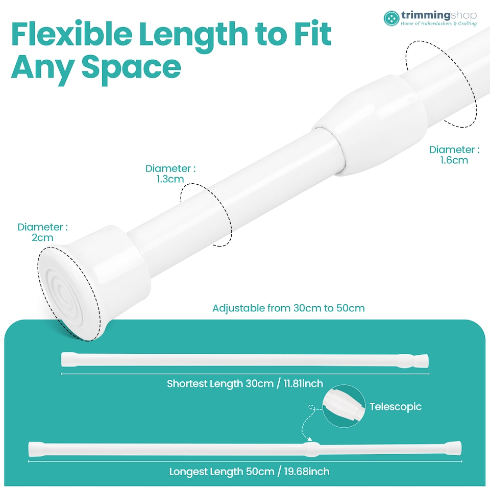 image 1 of 30cm-50cm White Extendable Curtain Poles for Net Curtains - 2pcs