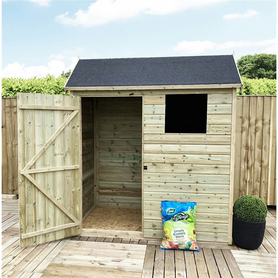 image 1 of 7 x 5 Reverse Apex Premier Pressure Treated Tongue And Groove Shed With Higher Eaves And Ridge Height + 1 Window + Single Door (7' x 5' / 7ft x 5ft) (7x5)