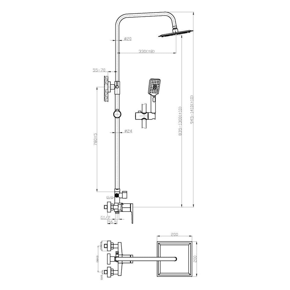image 1 of Black/Rose Gold Brass Bathroom Shower Column Set Handshower Square Rainfall