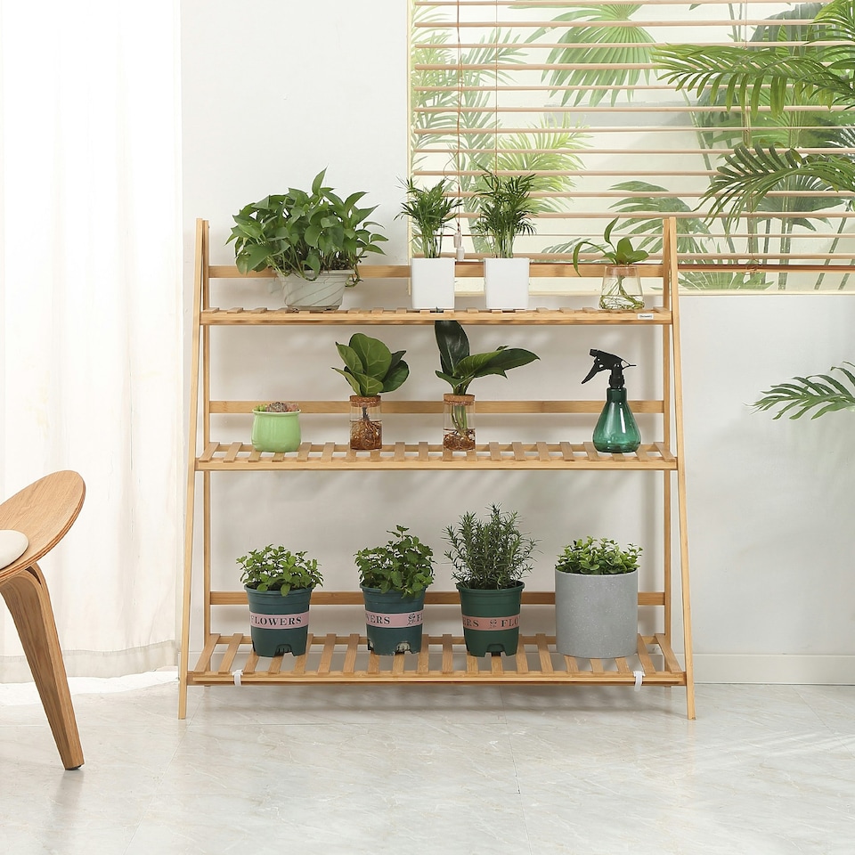 image 1 of Outsunny 3-Tier Folding Bamboo Plant Stand Display Rack for Indoor & Outdoor