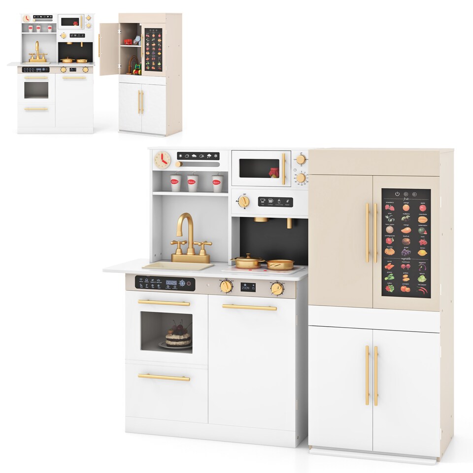 image 1 of COSTWAY Kids Wooden Kitchen 2-Piece Modular Pretend Play Kitchen w/Light-White