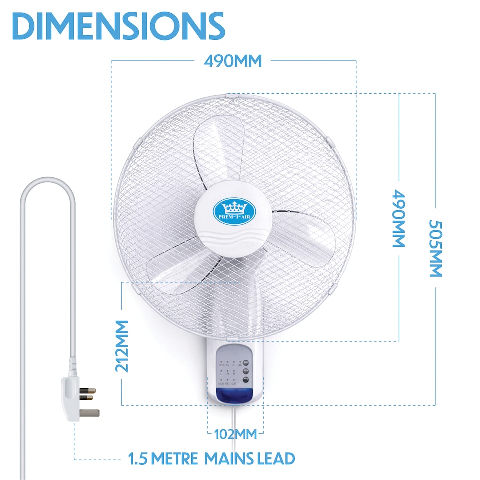 image 1 of Premier 18 inches Wall Fan with Remote 3 Speeds Oscillation 7.5hr Timer Adj. Head