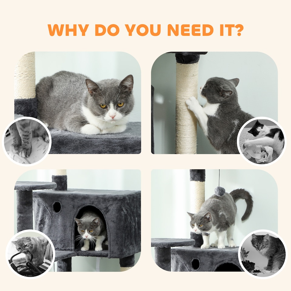 image 1 of PawHut 180cm Cat Tree, Multi-Level Large Cat Tower with 3 Sisal Scratching Posts, Condos, Plush Perches, Hammock, Ladder, Dangling Balls, Kitten Activity Centre for Kittens Playing Relaxing | Grey