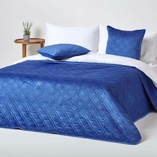 Homescapes Navy Blue Paragon Diamond Geometric Velvet Bedspread - 200 x 200 cm | Blue | 1