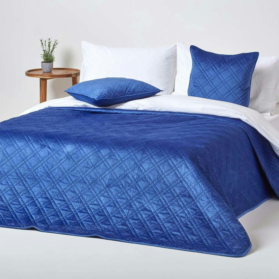 image 1 of Homescapes Navy Blue Paragon Diamond Geometric Velvet Bedspread - 200 x 200 cm | Blue | 1
