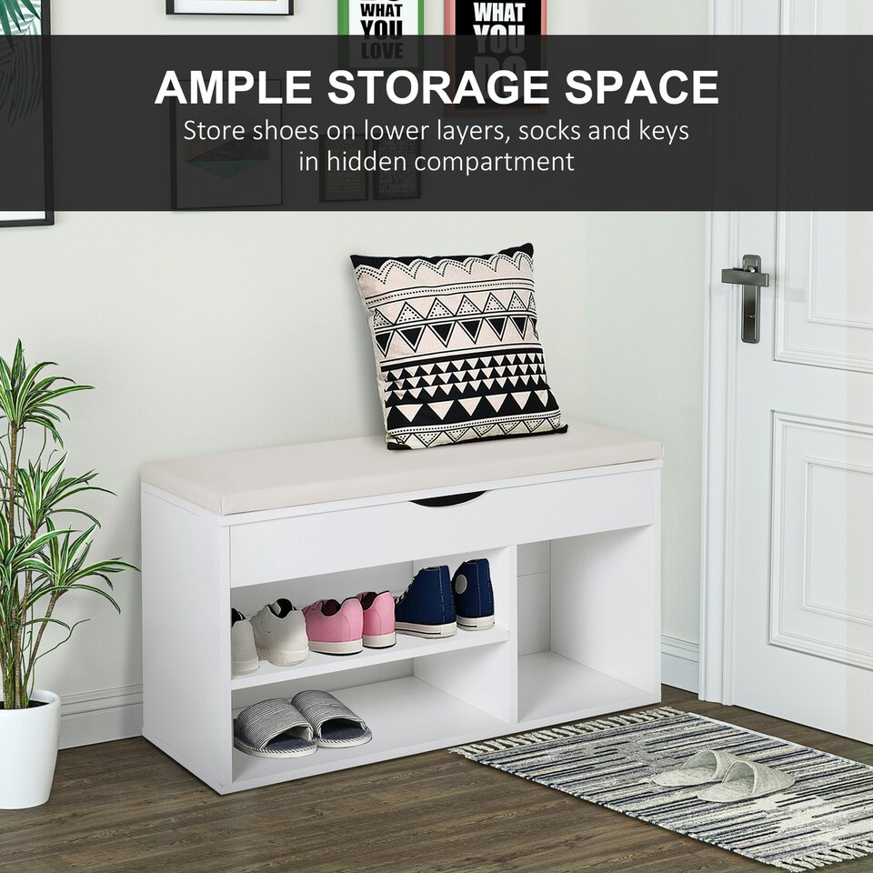image 1 of HOMCOM Wooden Shoes Cabinet Bench Hidden Storage Padded Seat Organiser White