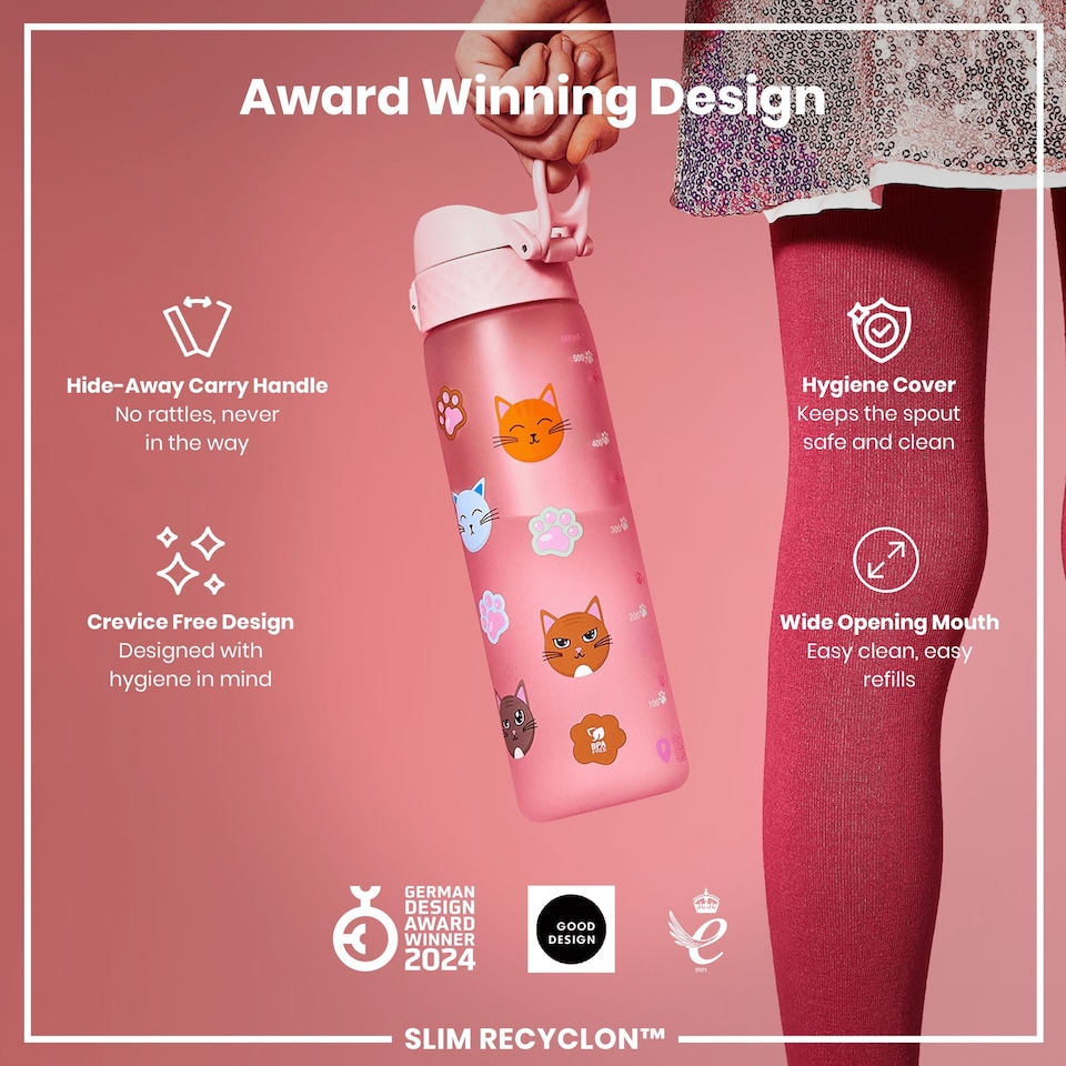 image 1 of Leak Proof Slim Water Bottle, BPA Free, 500ml (18oz) | Pink | Cats | One Size
