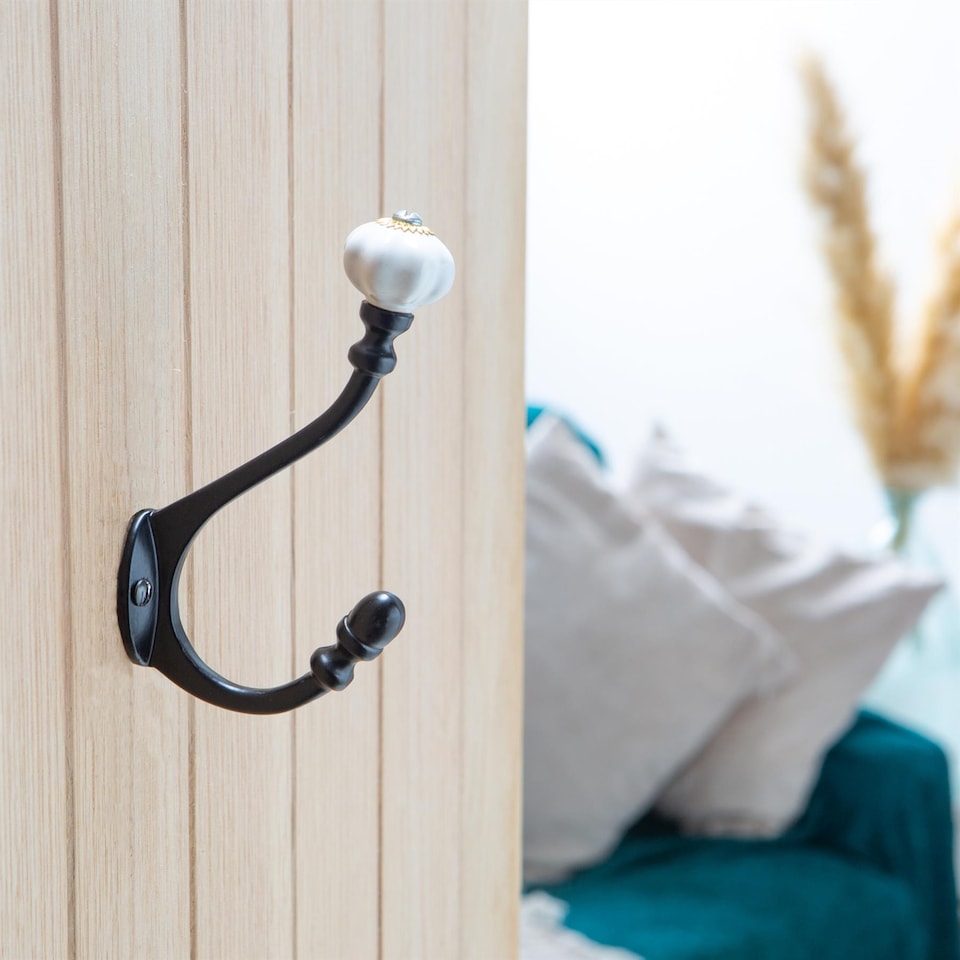 image 1 of Hammer & Tongs Ceramic Flower Hat & Coat Hook - W30mm x H140mm - Black - Wall Mounted Clothes Towel & Robe Hanger