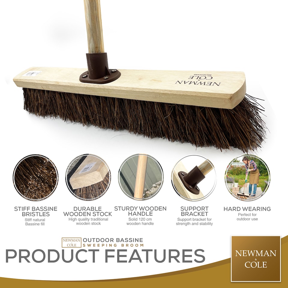 image 1 of Natural Bassine 18" Outdoor Heavy Duty Stiff Broom with Wooden Handle