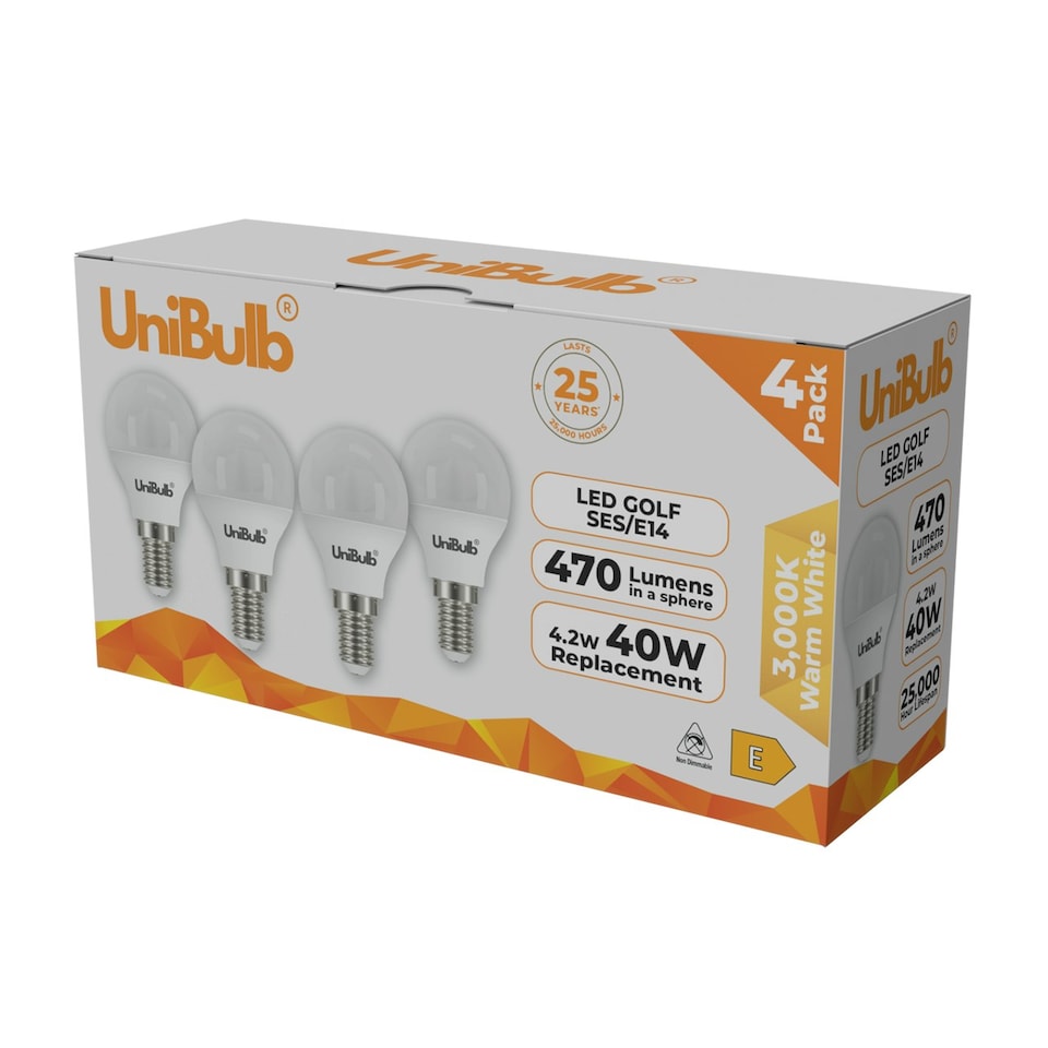 image 1 of UniBulb LED Golf Ball E14 470lm 4.2W 3000K (Warm White) Light Bulb - Pack of 4