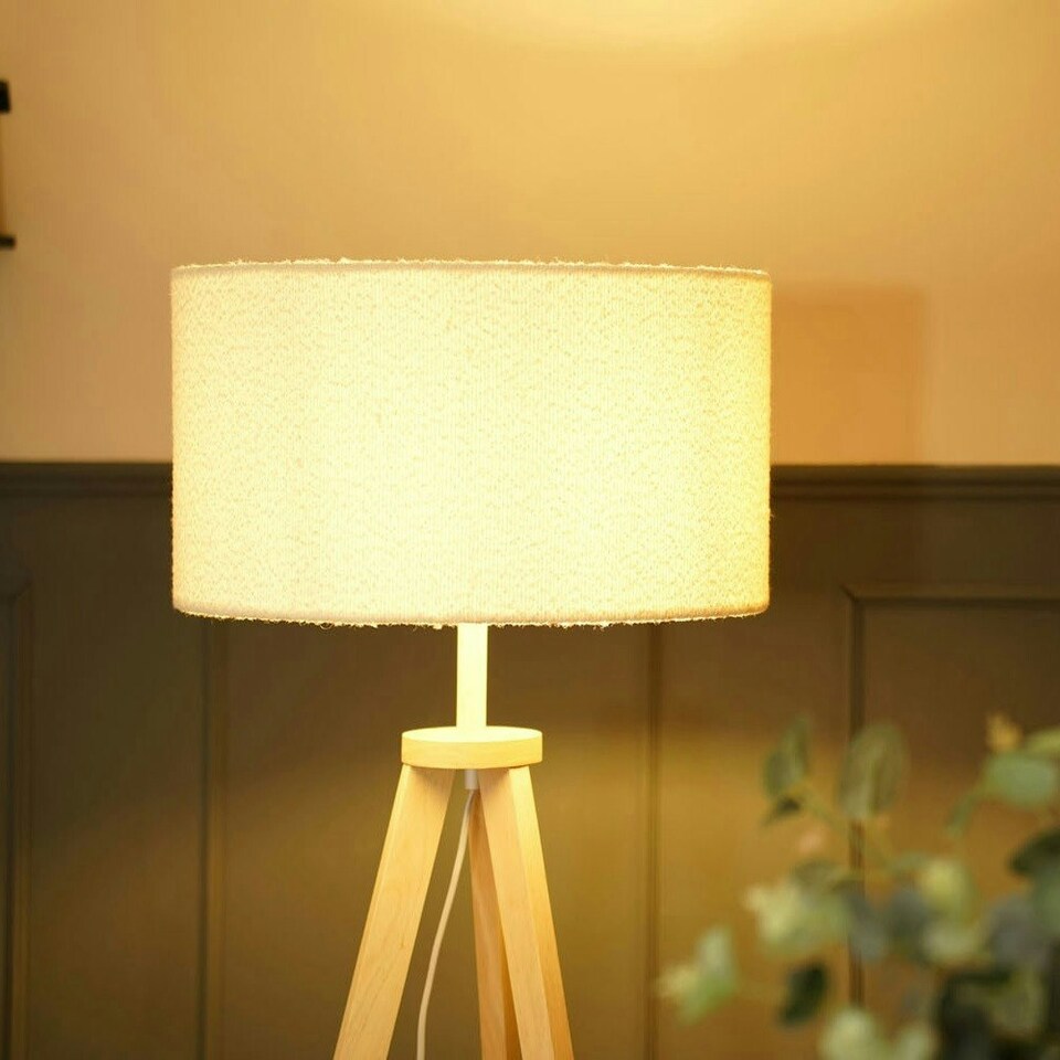 image 1 of ValueLights Morrigan Wooden Tripod Floor Lamp with Boucle Shade Cream