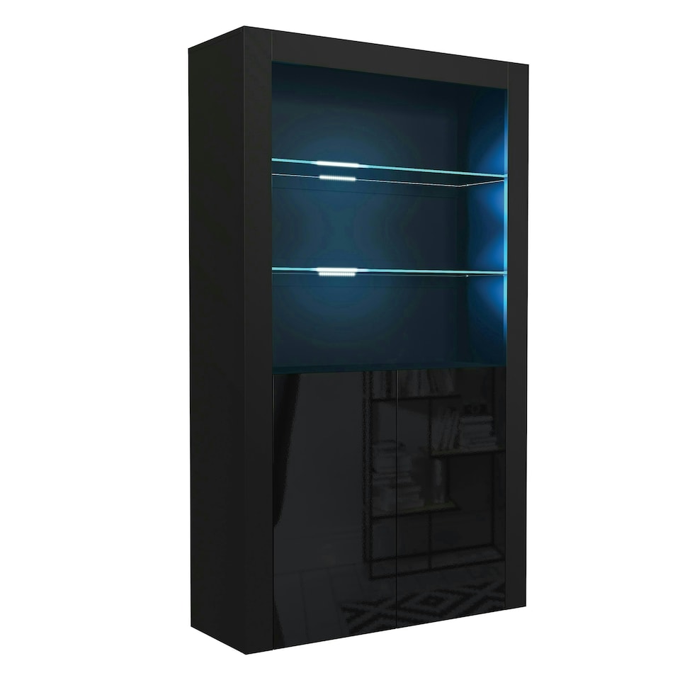 image 1 of Black Display Cabinet 100cm Gloss Doors Free LED Modern Tall Unit Black