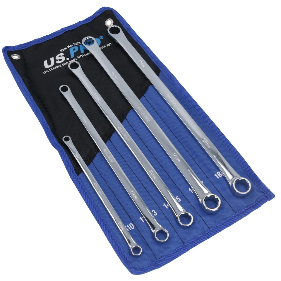 image 1 of Extra Long Double Ended Ring Spanner Aviation Wrench 8mm - 19mm 5pc Set