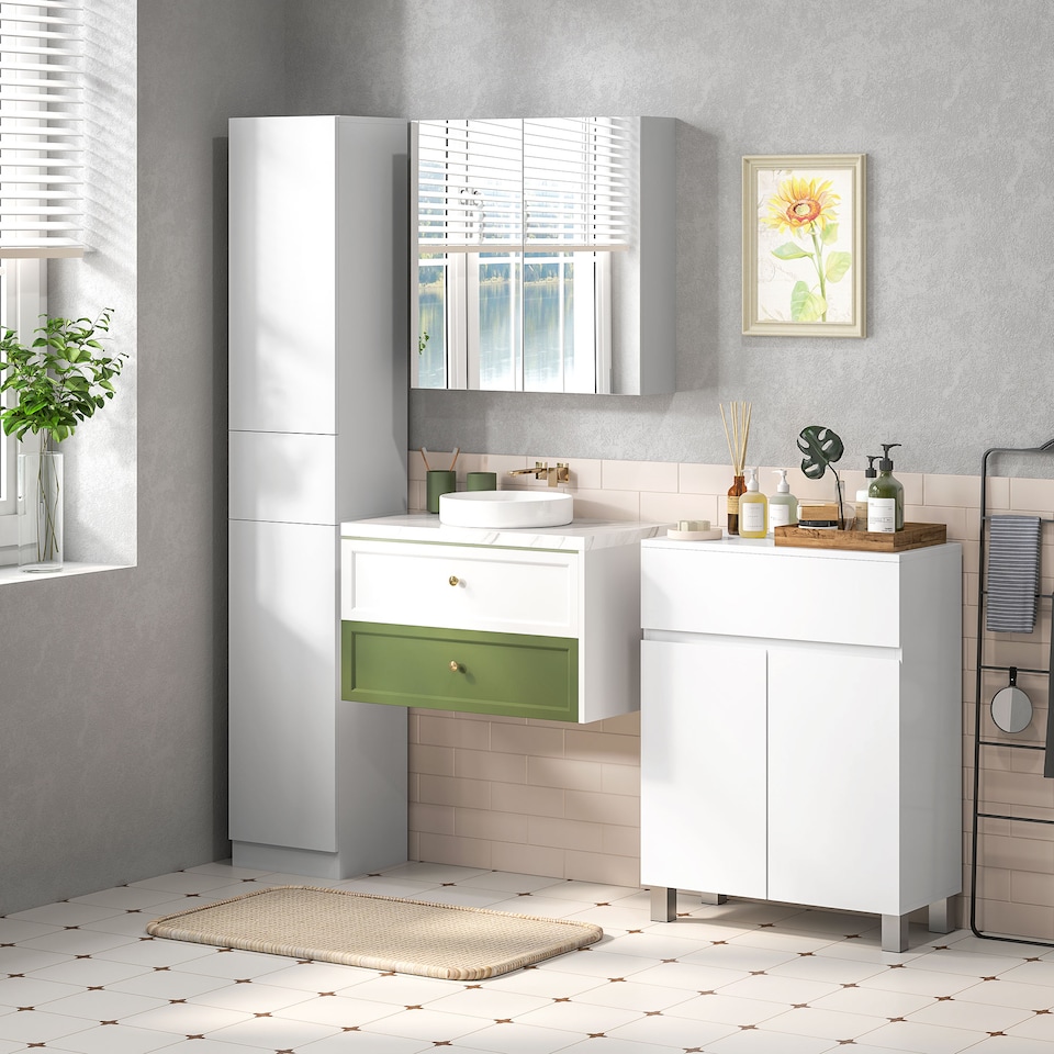image 1 of kleankin High Gloss Bathroom Floor Cabinet Storage Cupboard with Drawer | White