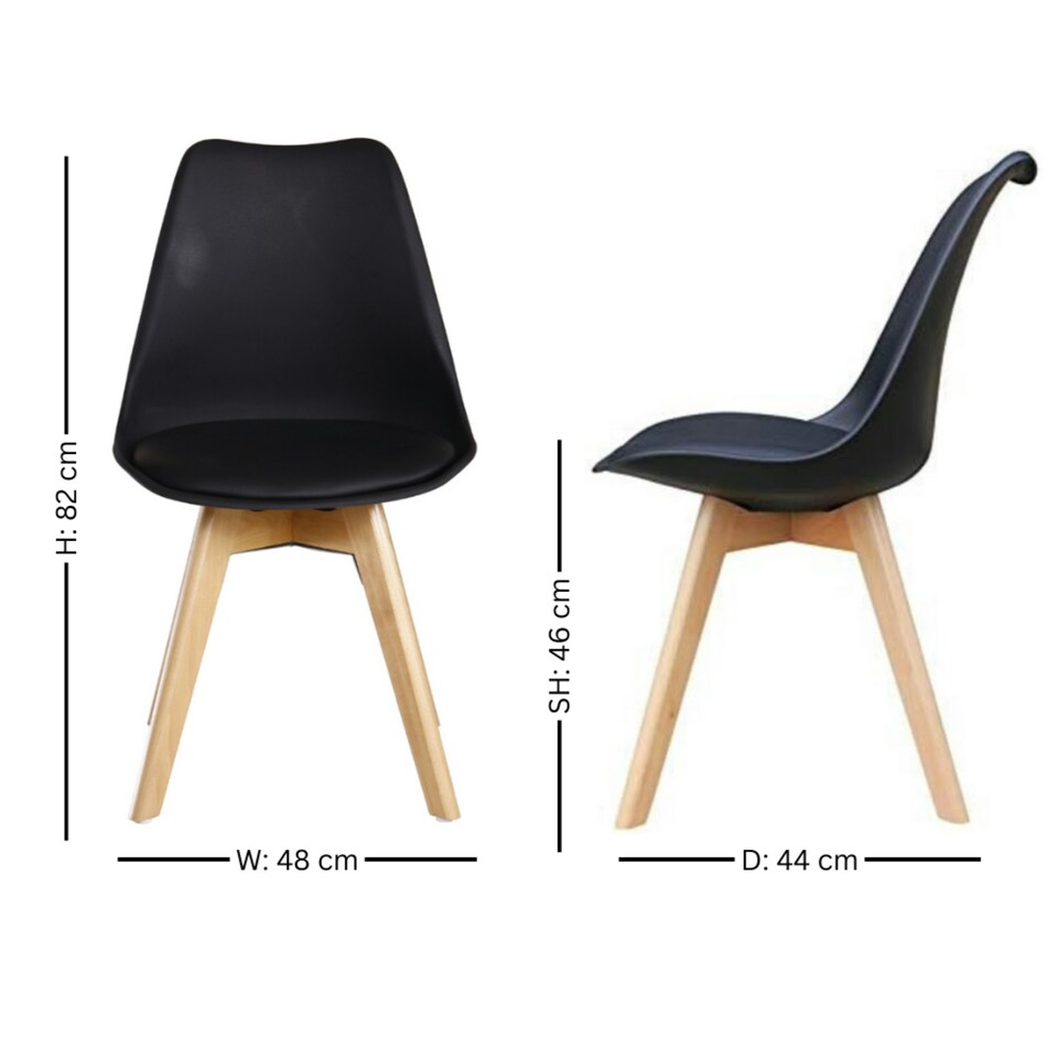 image 1 of Set of 2 Scandinavian Dining Chairs with Leather Cushions Solid Wood Legs Black
