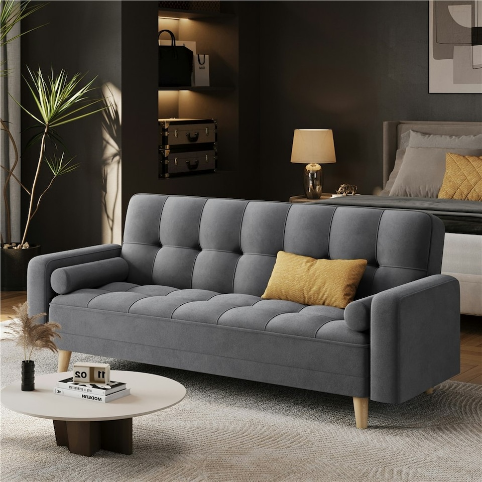 image 1 of Yaheetech Velvet Convertible Sofa Bed Grey